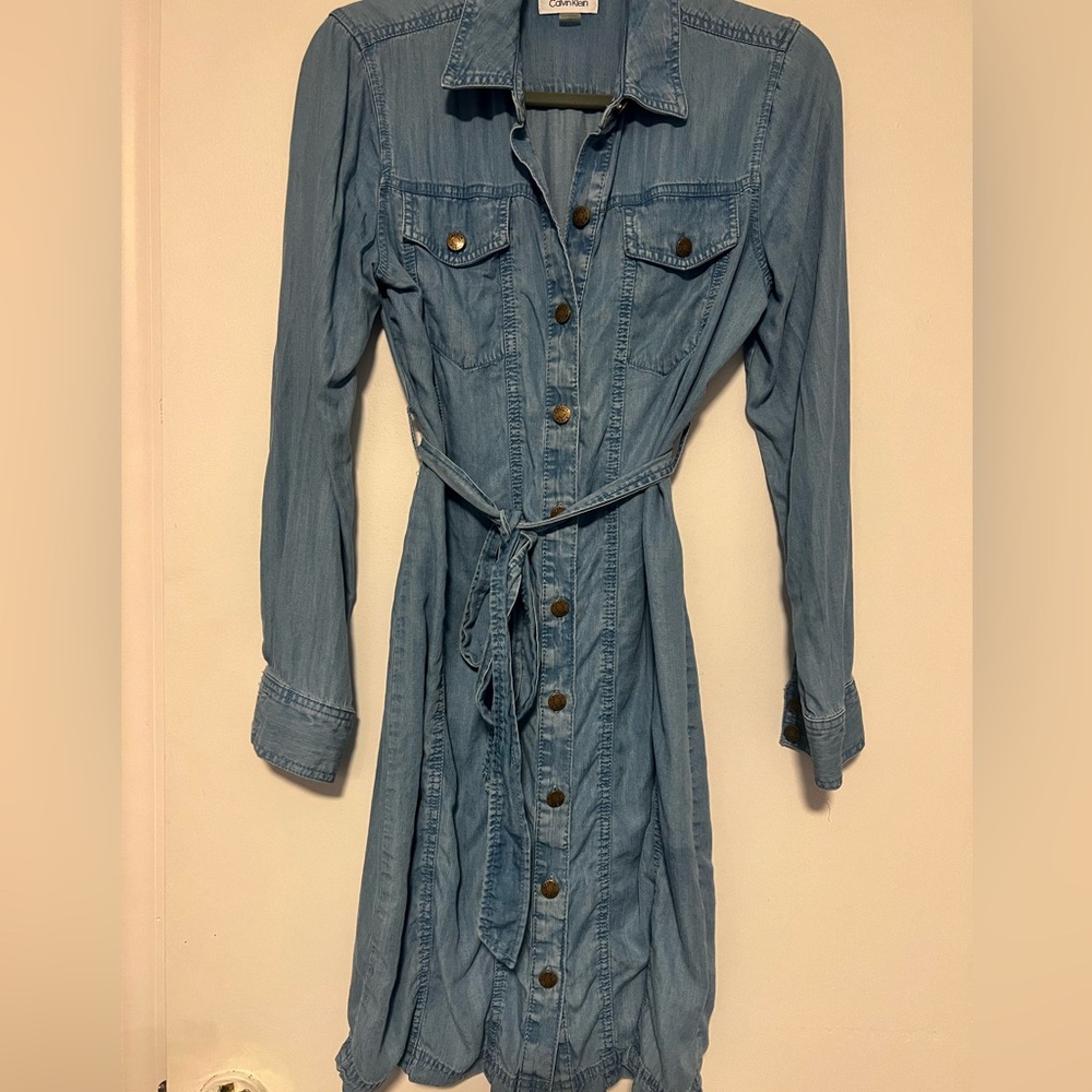 Calvin Klein Denim Jean Shirt Dress Blue Long Sleeve Button Down, Size 2